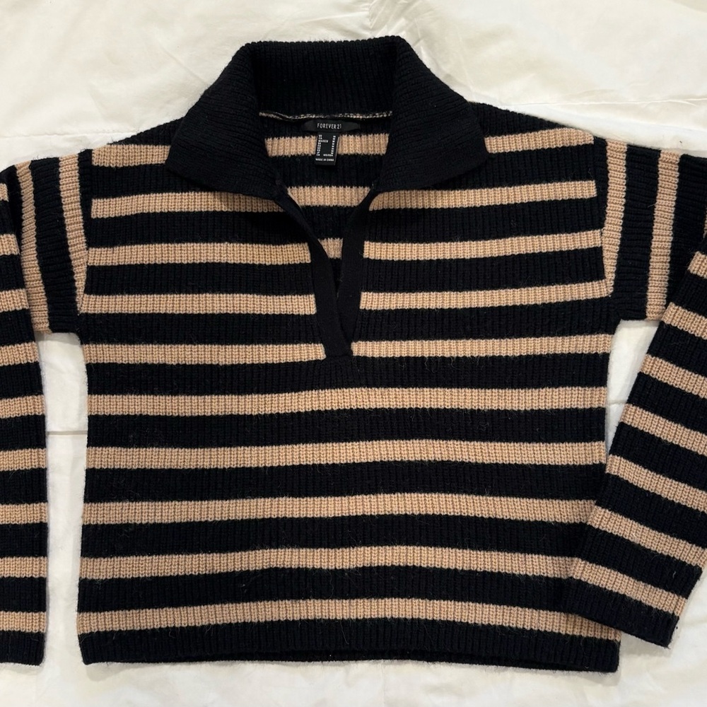 Forever 21 Black and Tan Striped V-Neck Sweater